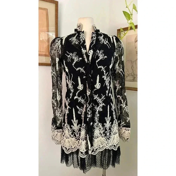 NWT Alexis Black Lace Dress White Floral Embroidery Elegant Designer Tunic Style - Picture 9 of 9